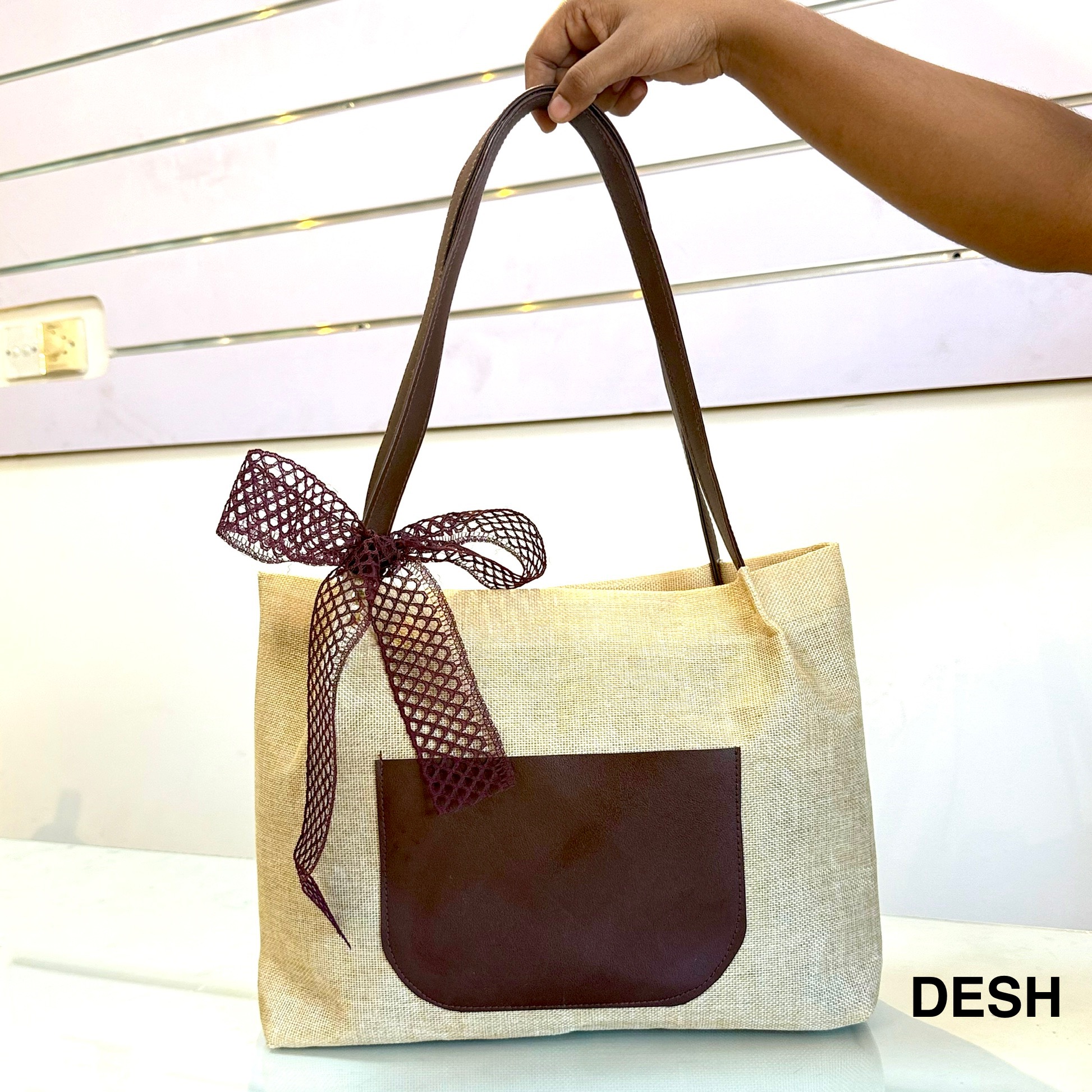 Bow Jute Bag - Brown